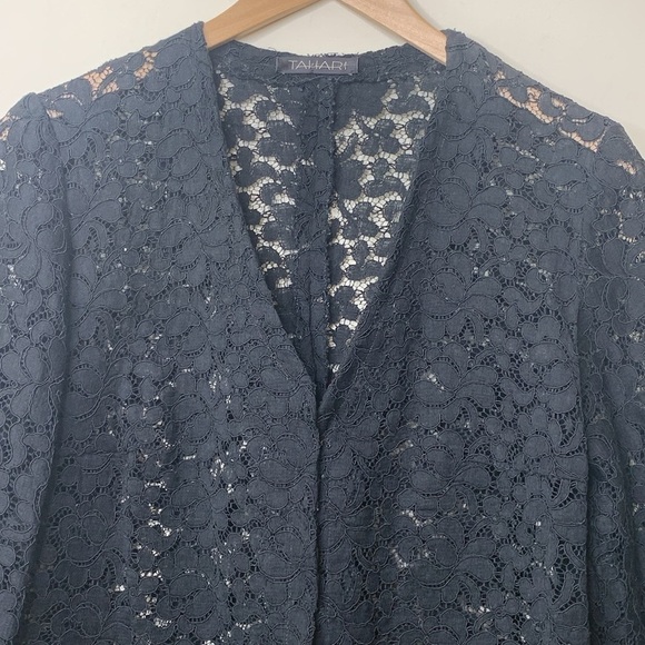 Tahari | Black Floral Embroidered Lace Sheer V-Neck Cardigan Jacket M - Picture 3 of 16